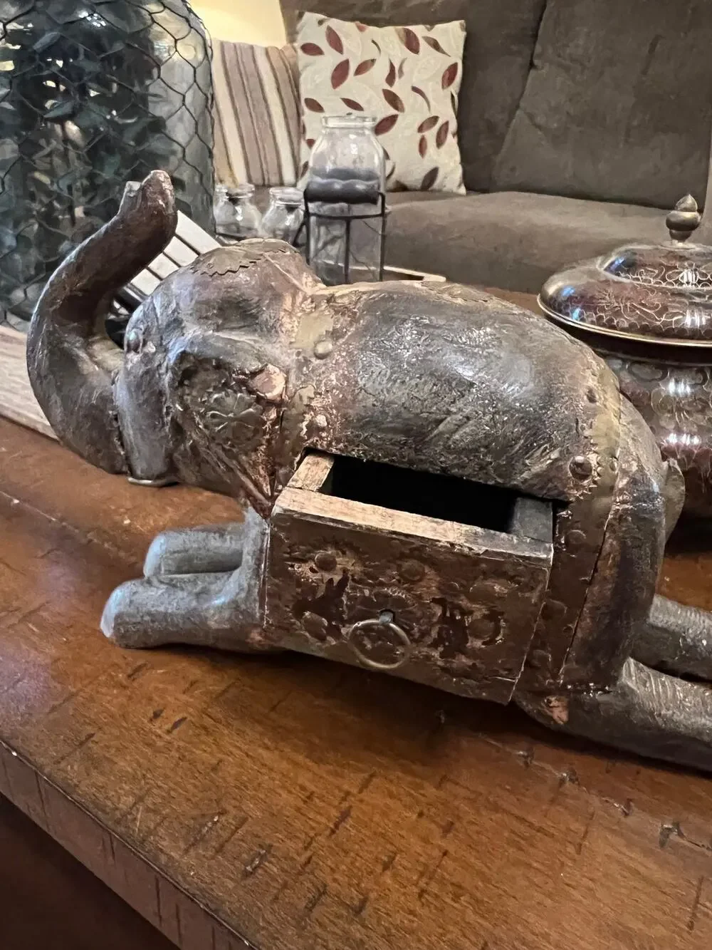 Brass & Wood Elephant Box With Drawer